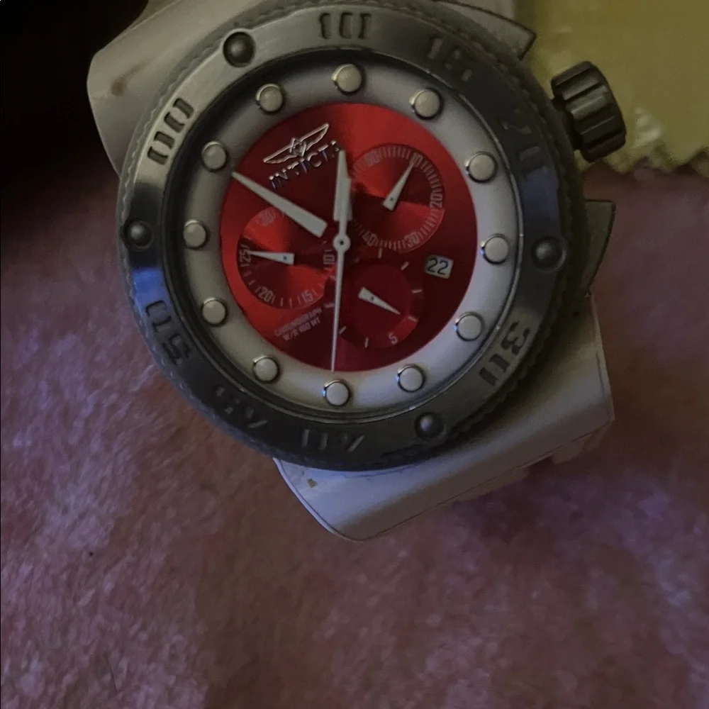 Invicta Akula sport 54mm White Strap Watch with Red Dial and Silver Bezel